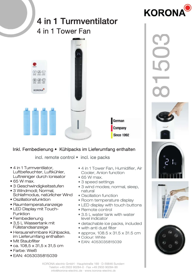 Página 1 del manual Ficha técnica Korona 81503