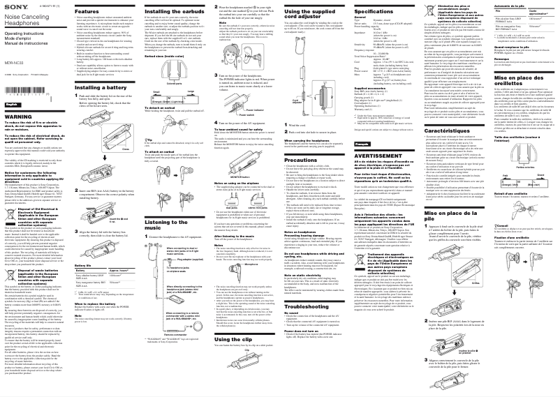 Page 1 de la notice Manuel utilisateur Sony MDR-NC33