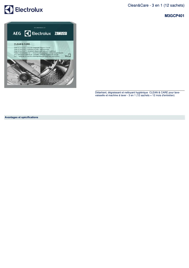 Page 1 de la notice Fiche technique AEG M3GCP401