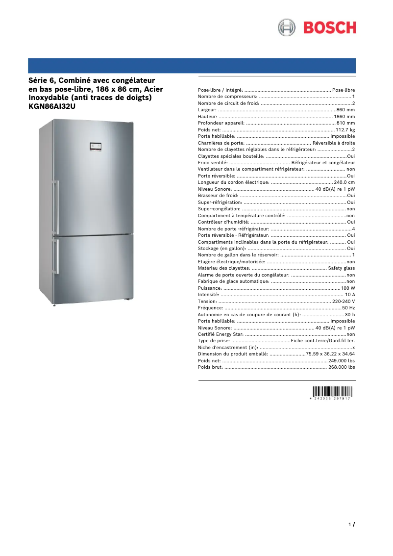 Page n°1 - Fiche technique Bosch KGN86AI32U