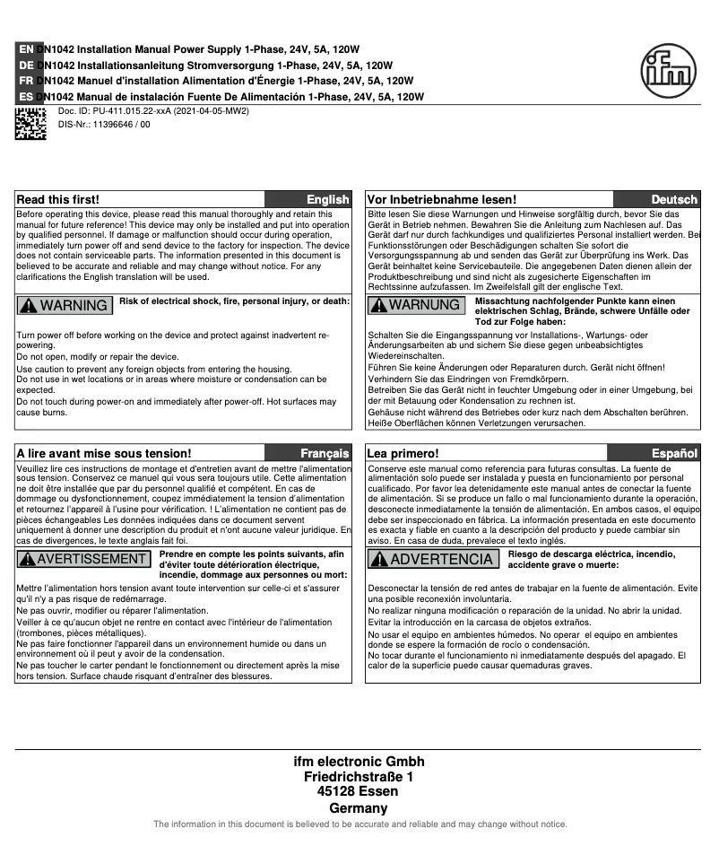 Page 1 de la notice Manuel utilisateur IFM DN1042