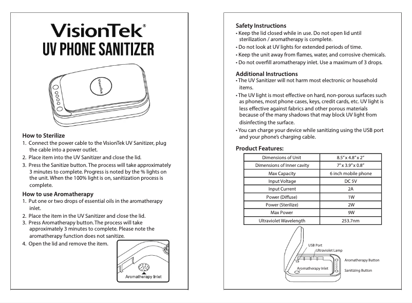 Image de la première page du manuel de l'appareil UV Phone Sanitizer