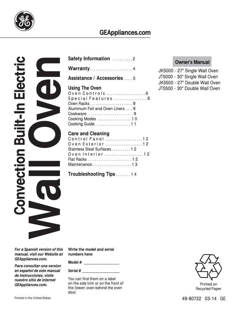 Page n°1 - Manuel d'utilisation et d'entretien GE JT5500DFWW