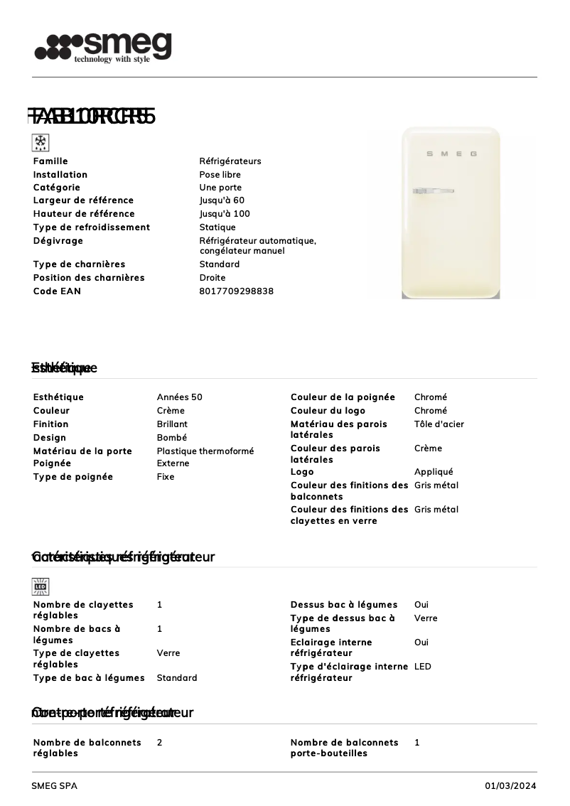 Page 1 de la notice Fiche technique Smeg FAB10RCR5