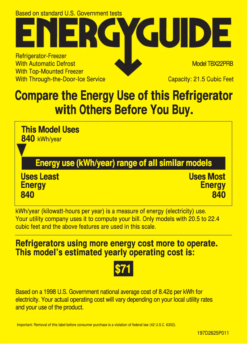 Page 1 de la notice Label énergétique GE Profile TBX22PRBRCC