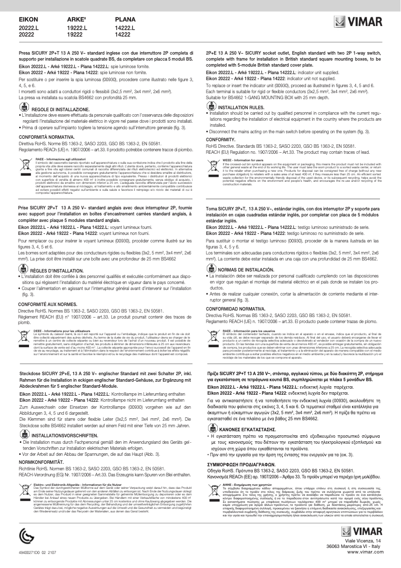 Page 1 de la notice Manuel utilisateur Vimar 19222.L