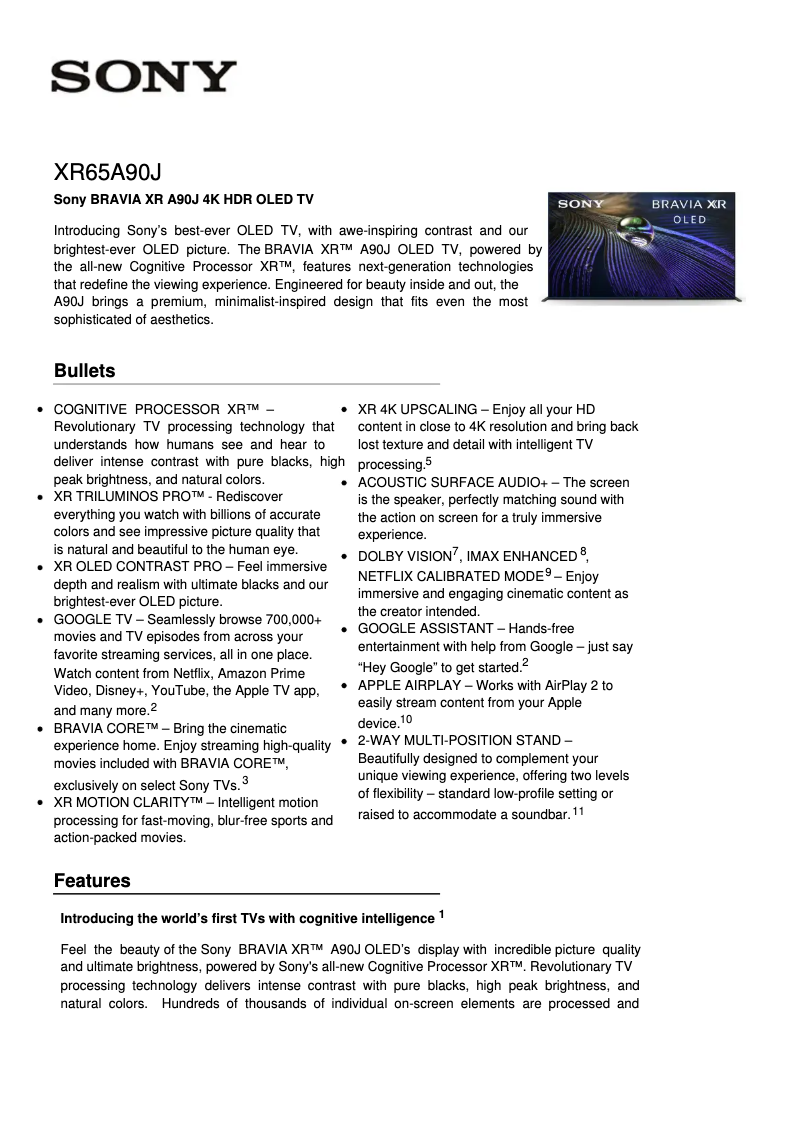 Image de la première page du manuel de l'appareil Bravia XR-65A90J