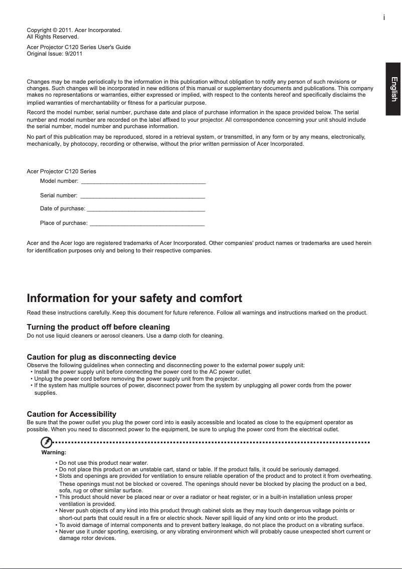 Page 1 de la notice Manuel utilisateur Acer C120