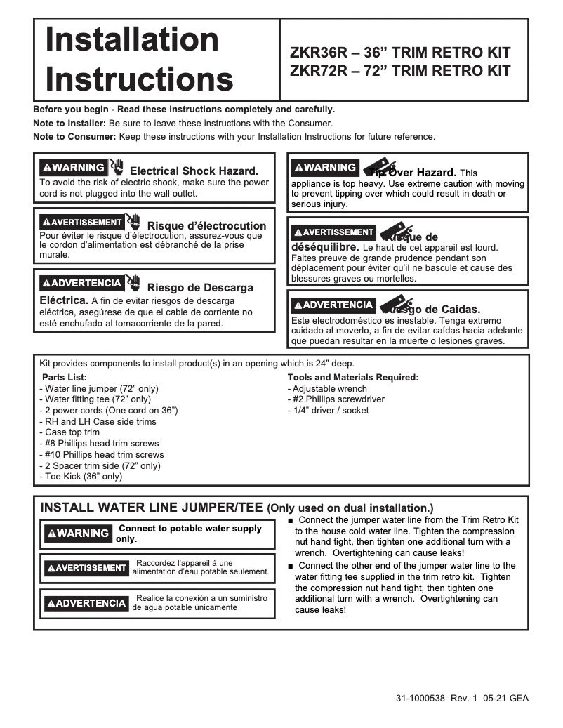 Page n°1 - Manuel utilisateur Monogram ZKR36R