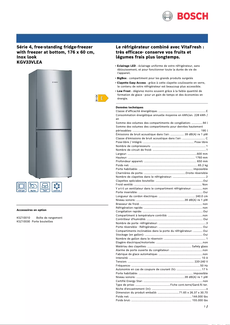 Page 1 de la notice Fiche technique Bosch KGV33VLEA