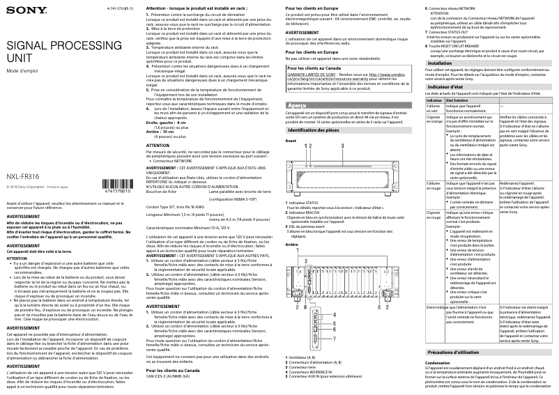 Page 1 de la notice Manuel utilisateur Sony NXL-FR316