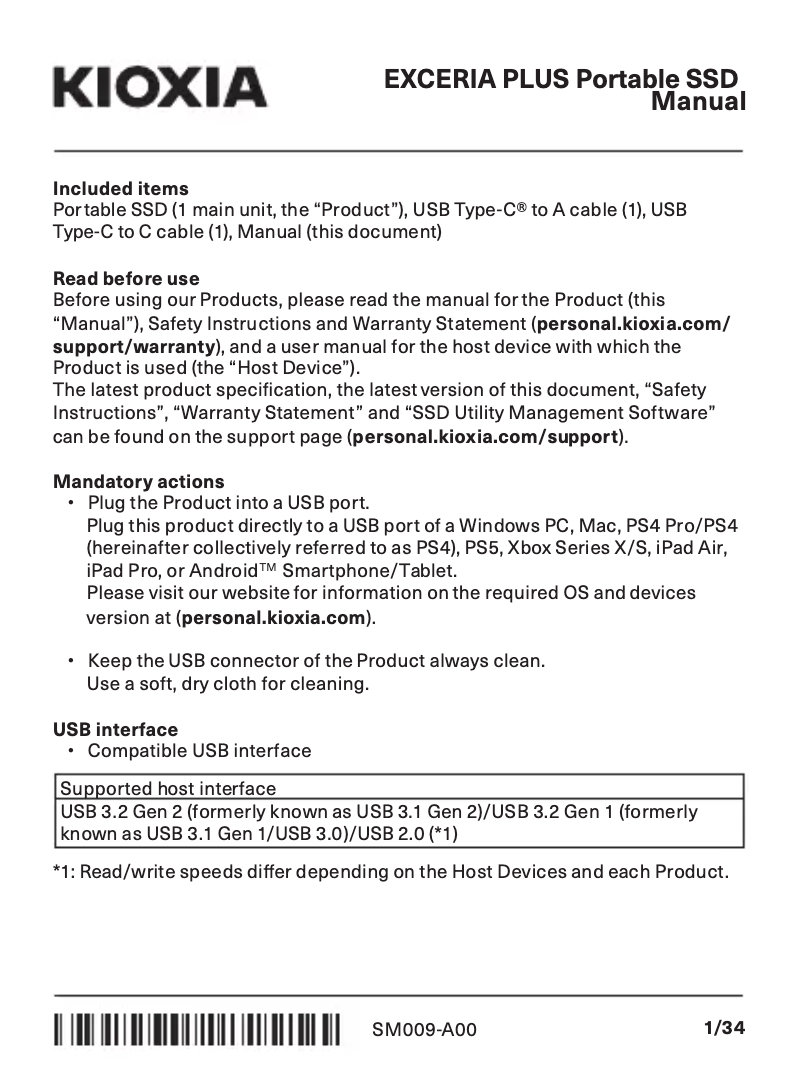 Page 1 de la notice Manuel utilisateur Kioxia EXCERIA PLUS Portable SSD