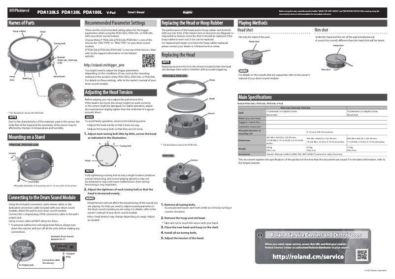Page 1 de la notice Manuel utilisateur Roland PDA120L