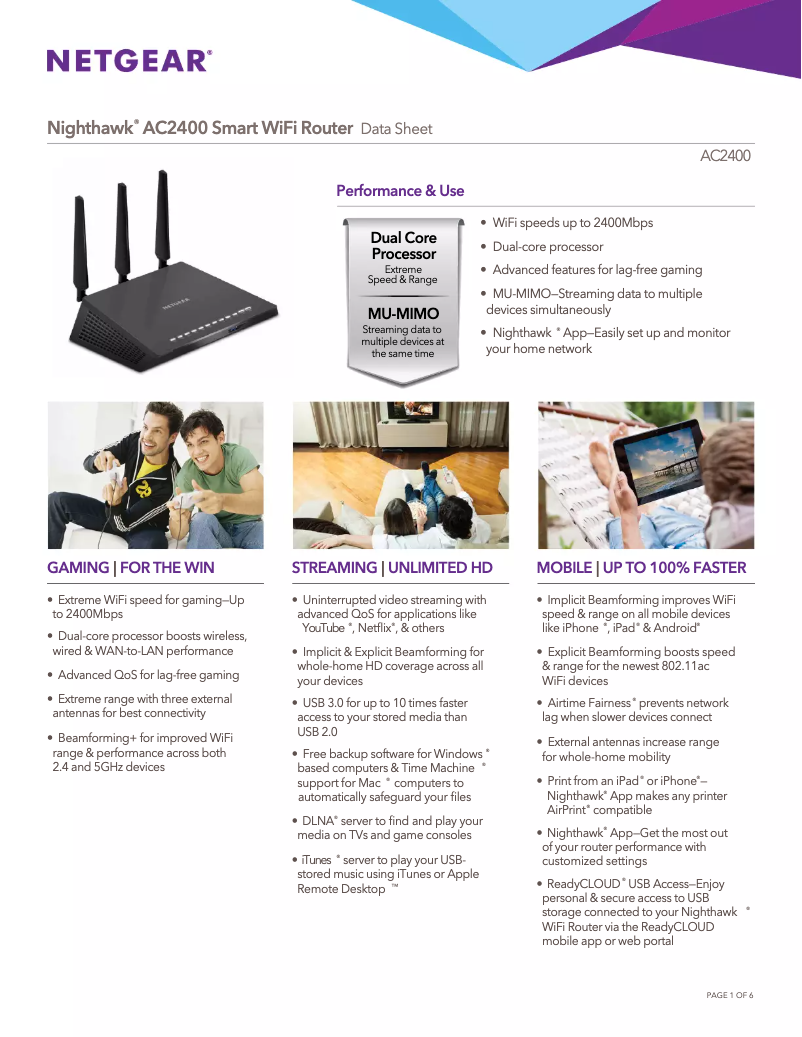 Page 1 de la notice Fiche technique Netgear Nighthawk AC2400