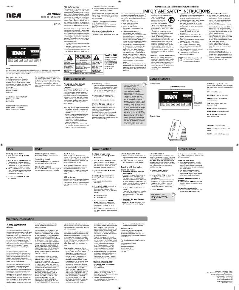 Page 1 de la notice Manuel utilisateur RCA RC10