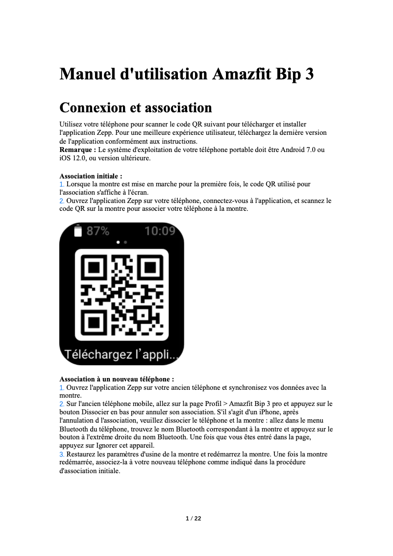 Page 1 de la notice Manuel utilisateur Amazfit Bip 3