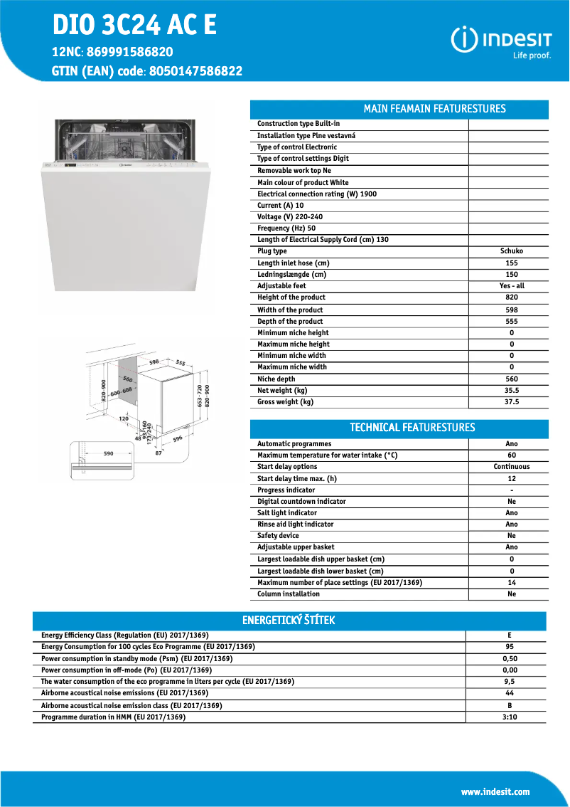 Page n°1 - Fiche technique Indesit DIO 3C24 AC E
