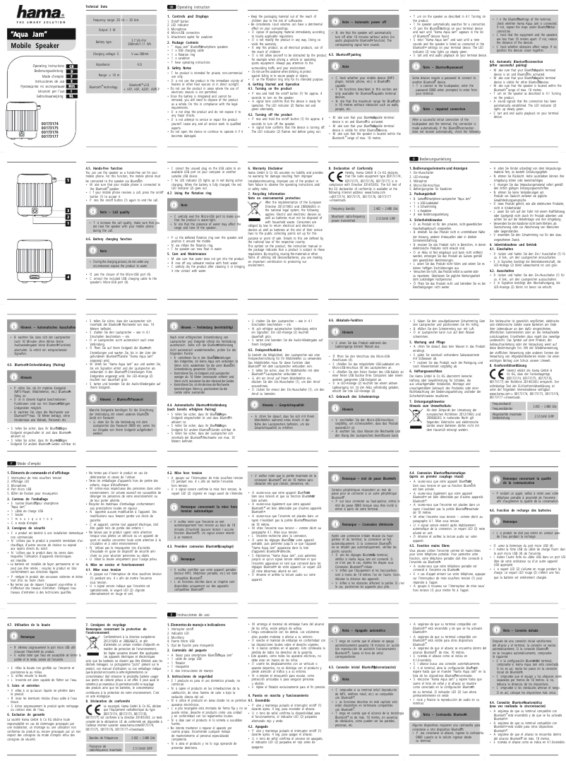 Page 1 de la notice Manuel utilisateur Hama Aqua Jam 00173175