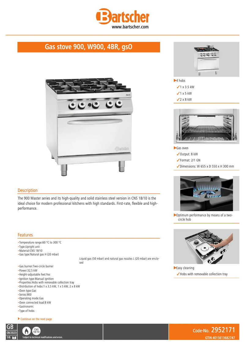 Page n°1 - Fiche technique Bartscher 2952171