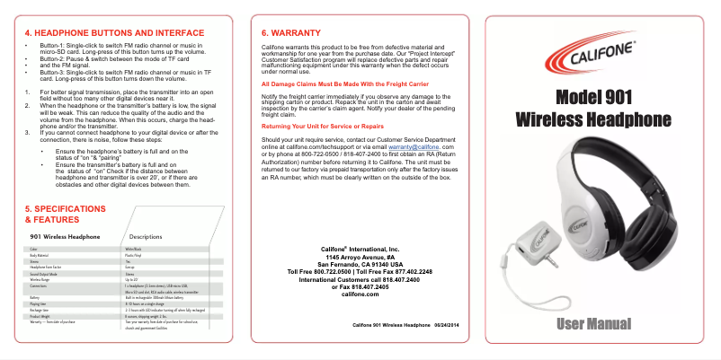 Page 1 de la notice Manuel utilisateur Califone 901