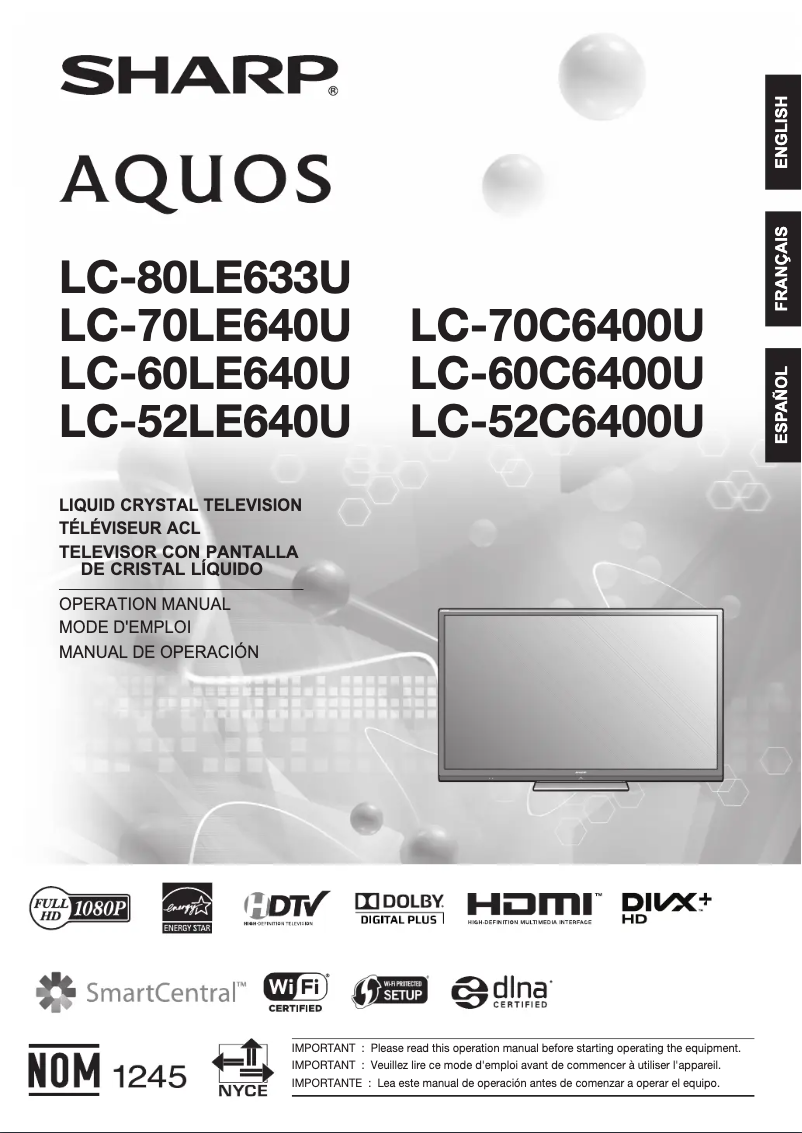 Page 1 de la notice Manuel utilisateur Sharp LC-52C6400U