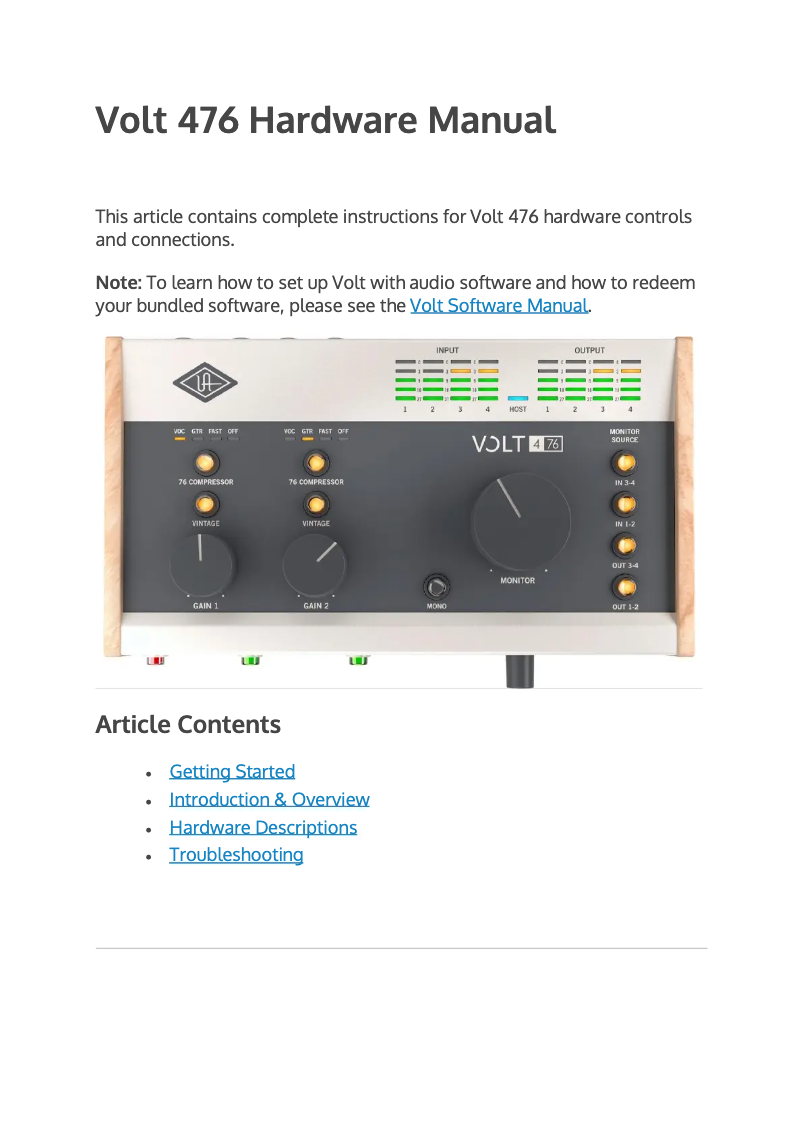 Page 1 de la notice Manuel utilisateur Universal Audio Volt 476