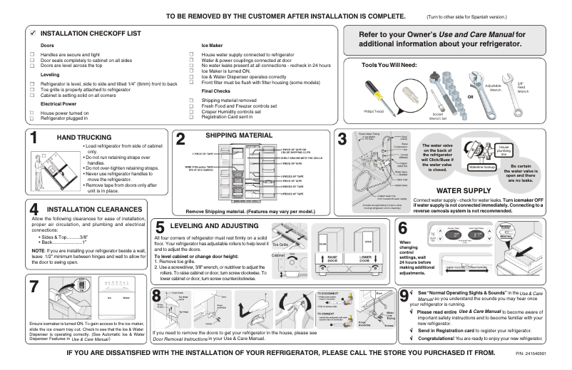 Page n°1 - Guide d'installation Frigidaire FSC23F7DB