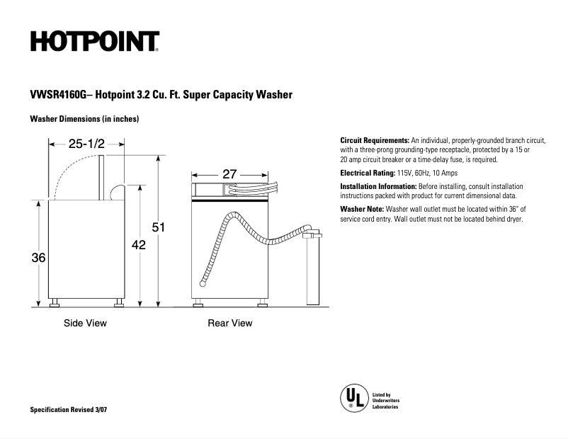 Page n°1 - Fiche technique Hotpoint VWSR4160GWW