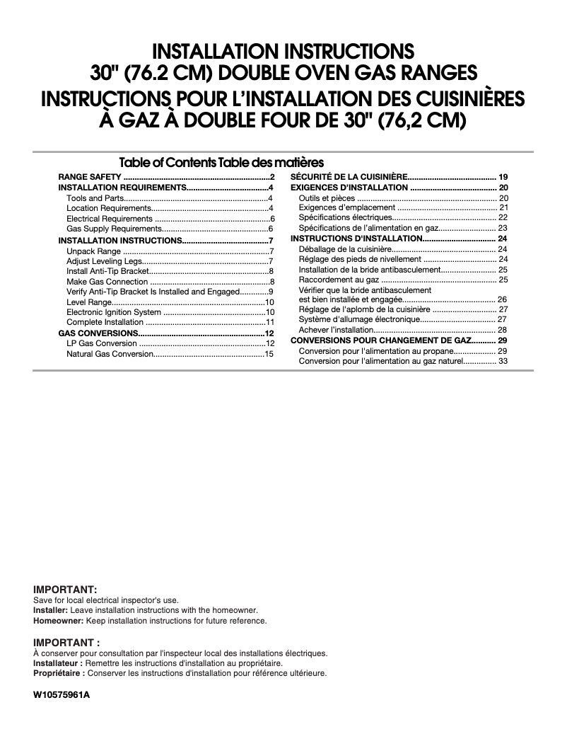 Page 1 de la notice Instructions / montage Whirlpool WGG555S0BB