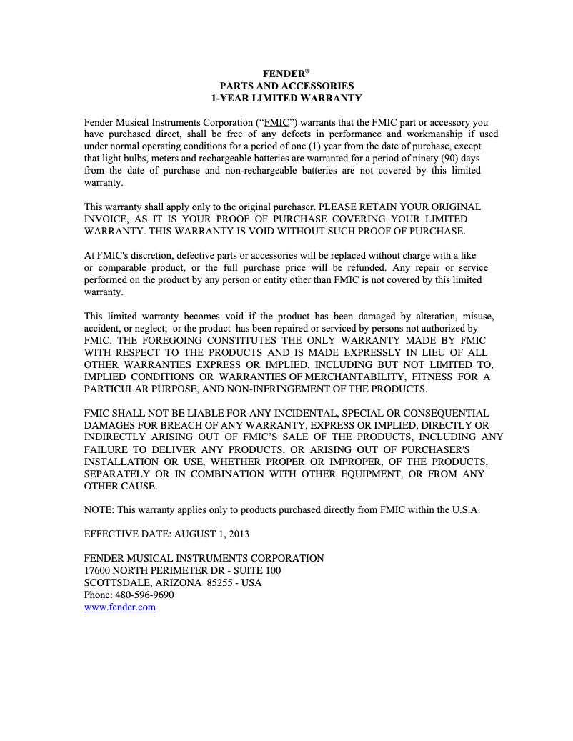 Page 1 de la notice Informations de garantie Fender Pour Over Envelope Filter