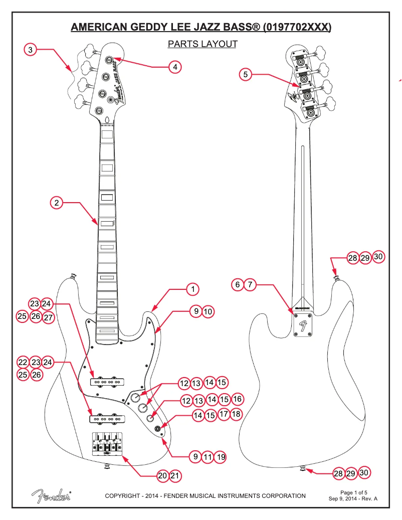 Page 1 de la notice Schéma de câblage Fender USA Geddy Lee Jazz Bass