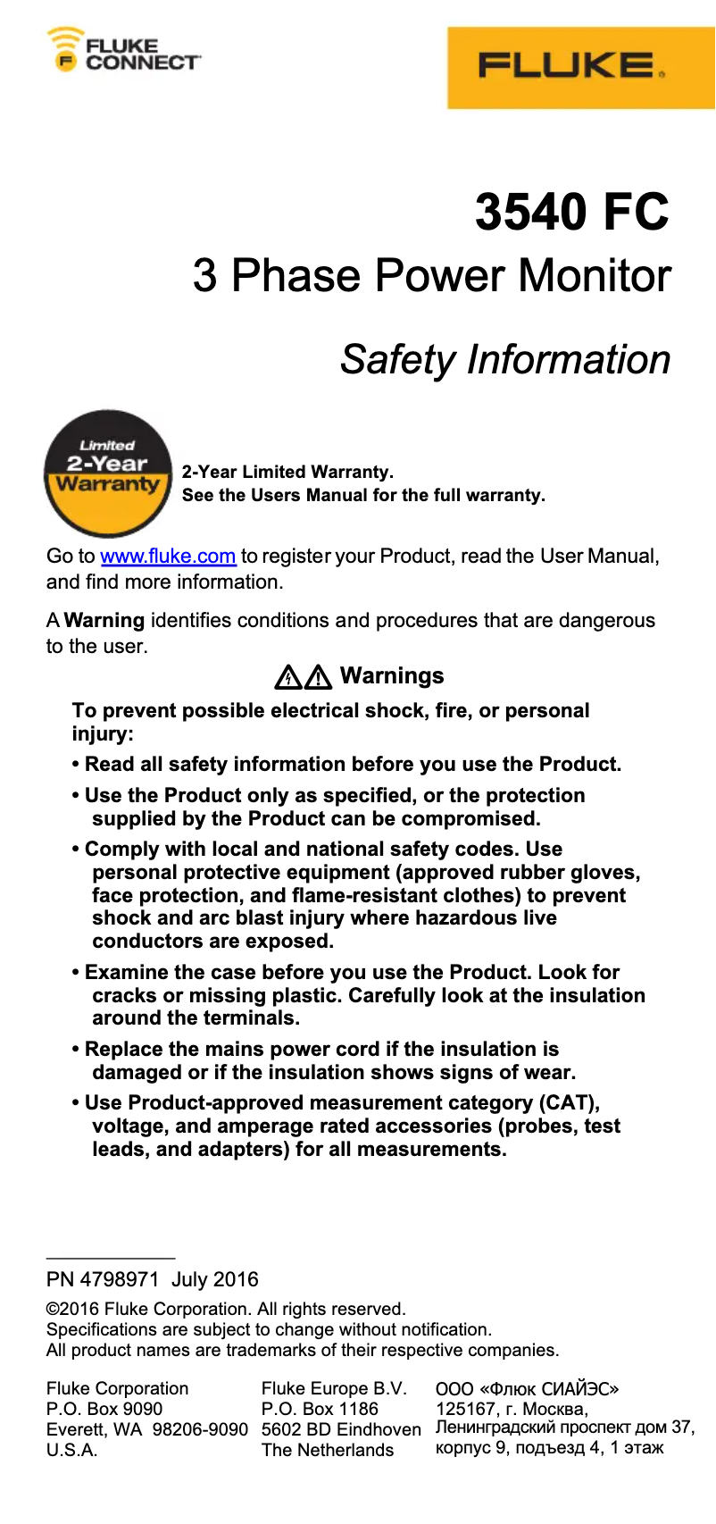 Page 1 de la notice Instructions de sécurité Fluke 3540 FC