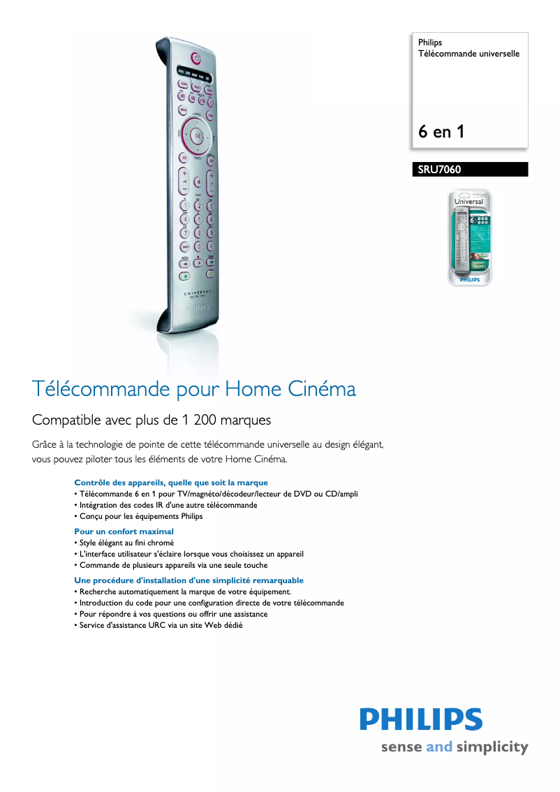 Página 1 del manual Ficha técnica Philips SRU7060