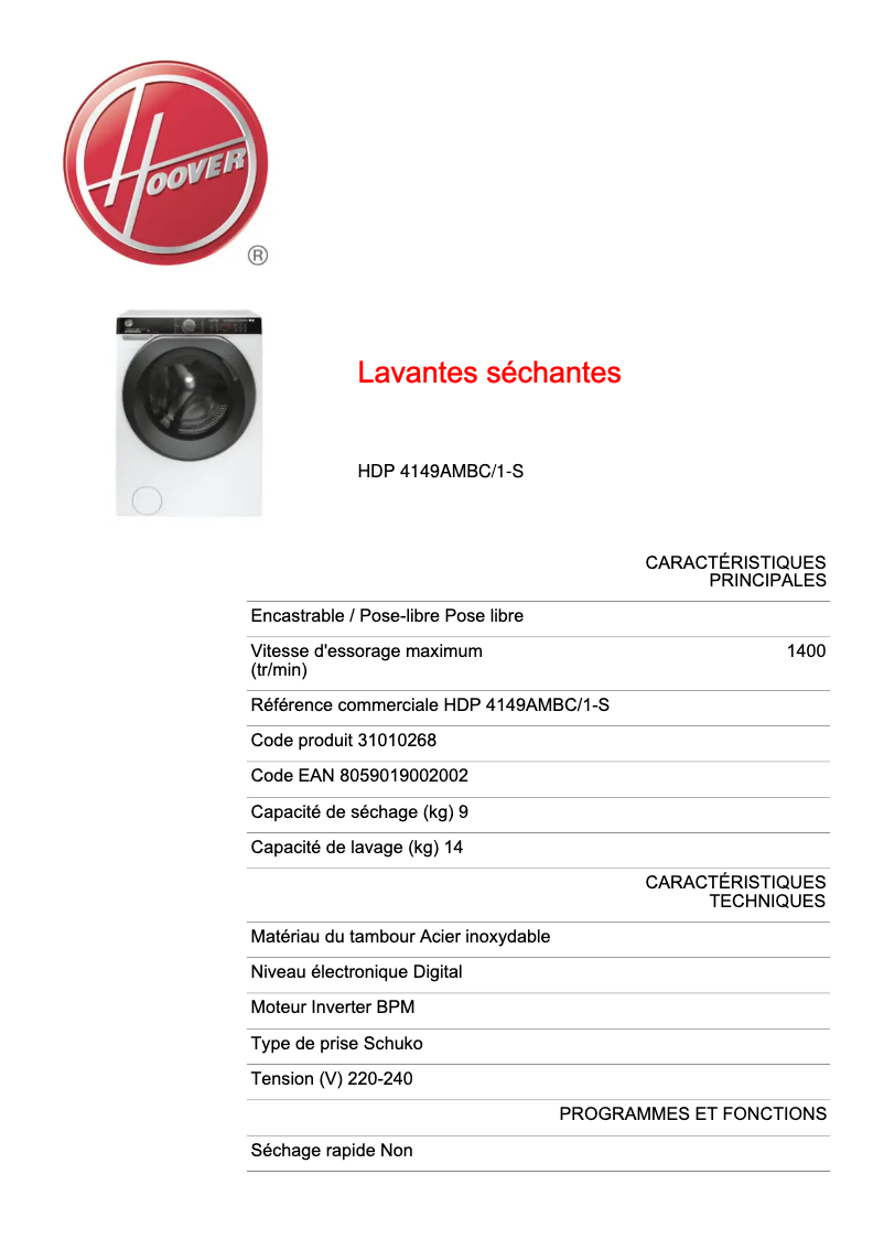 Page n°1 - Fiche technique Hoover H-WASH&DRY 500 HDP 4149AMBC/1-S