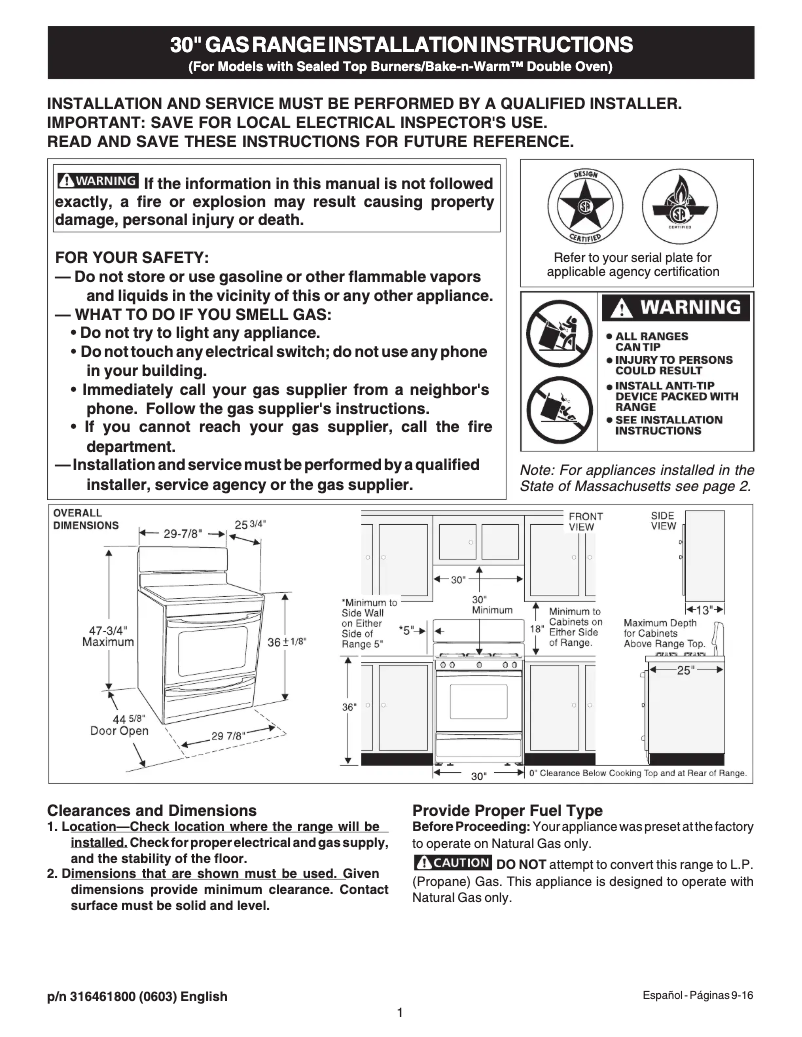 Page n°1 - Guide d'installation Frigidaire GLGFM98GPB