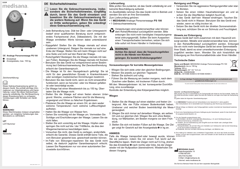 Page n°1 - Manuel utilisateur Medisana PS 100