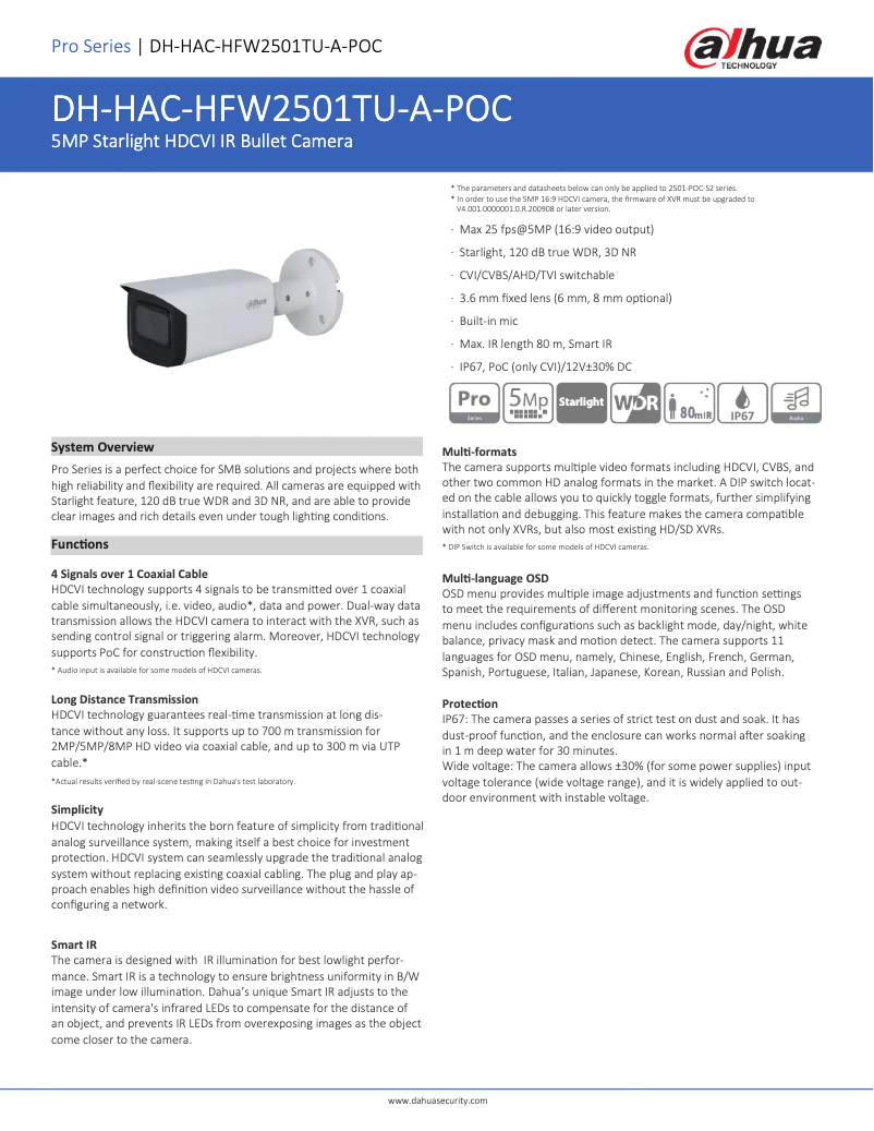 Page n°1 - Fiche technique Dahua Technology HAC-HFW2501TU-A-POC