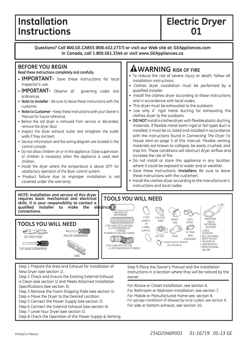 Page 1 de la notice Guide d'installation GE GTDP520EDWW
