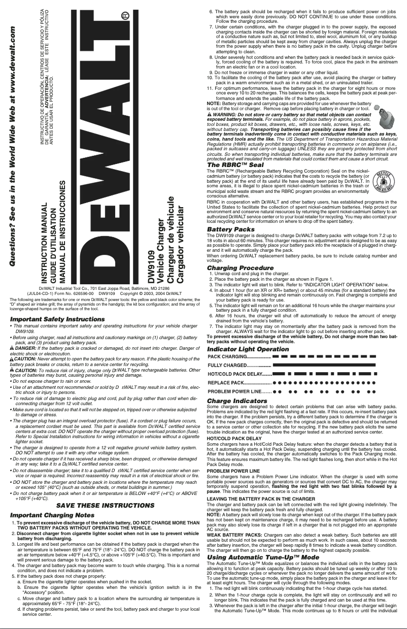 Page n°1 - Manuel utilisateur DeWalt DW9109