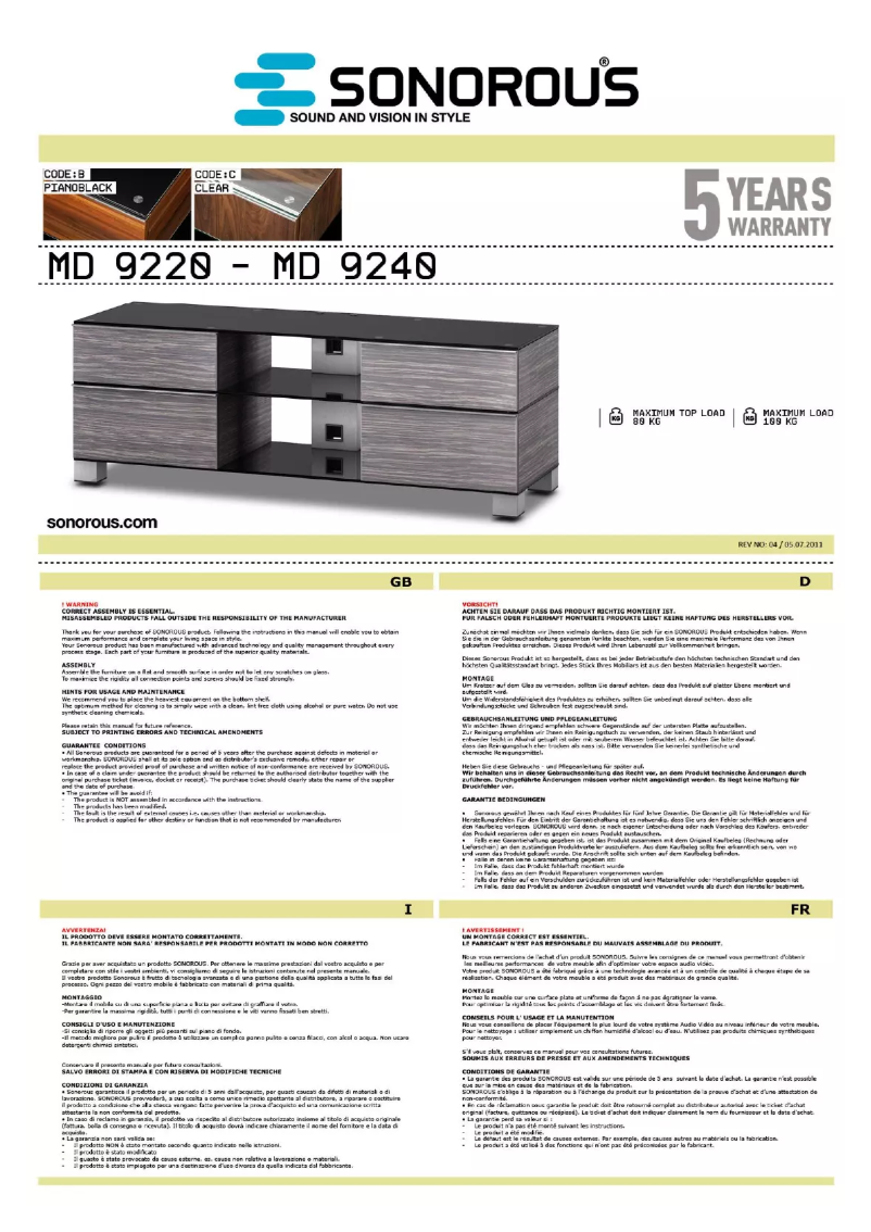 Page n°1 - Manuel utilisateur Sonorous MD 9220-B-HBLK-BLK