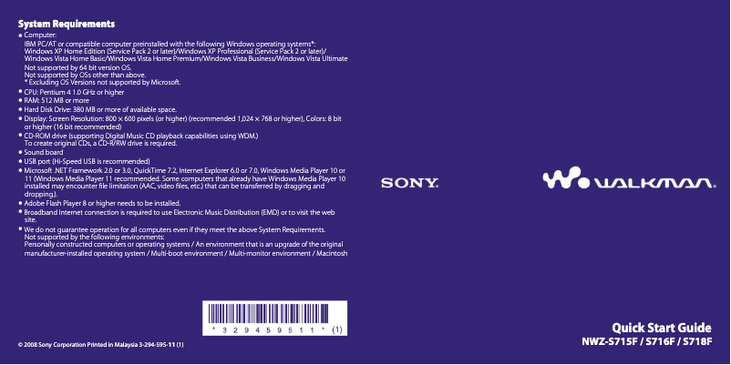 Image de la première page du manuel de l'appareil Walkman NWZ-S718F