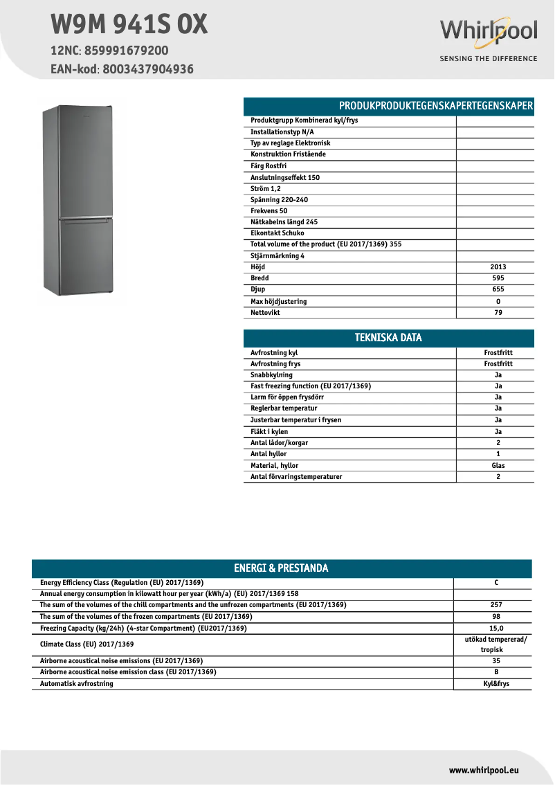 Page 1 de la notice Fiche technique Whirlpool W9M 941S OX