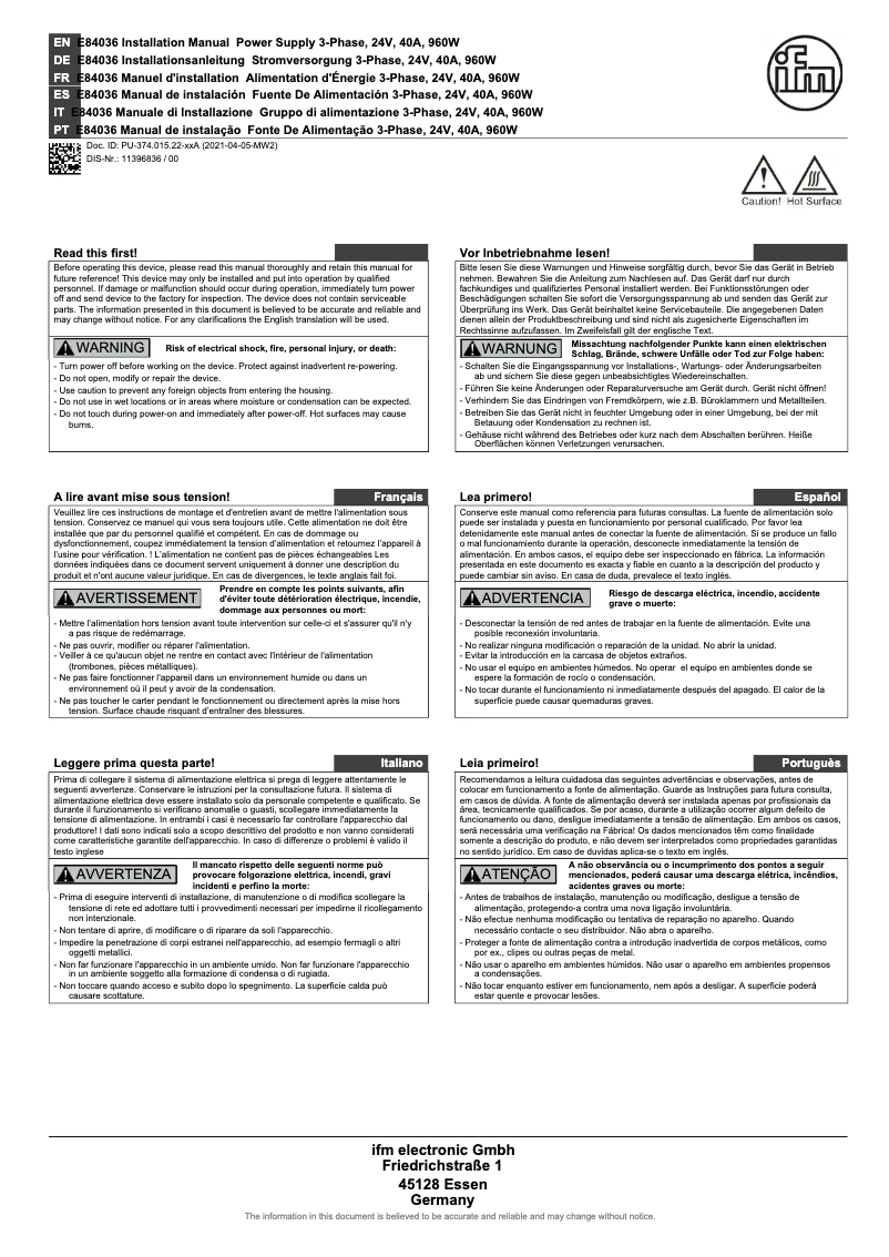 Page n°1 - Manuel utilisateur IFM E84036
