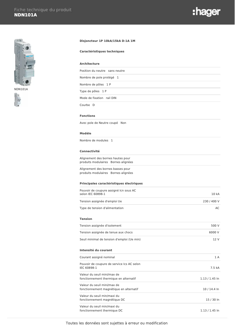 Page 1 de la notice Manuel utilisateur Hager NDN101A