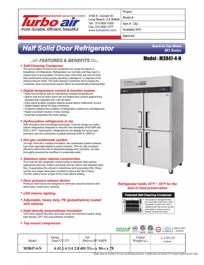 Page 1 de la notice Fiche technique Turbo air M3R47-4