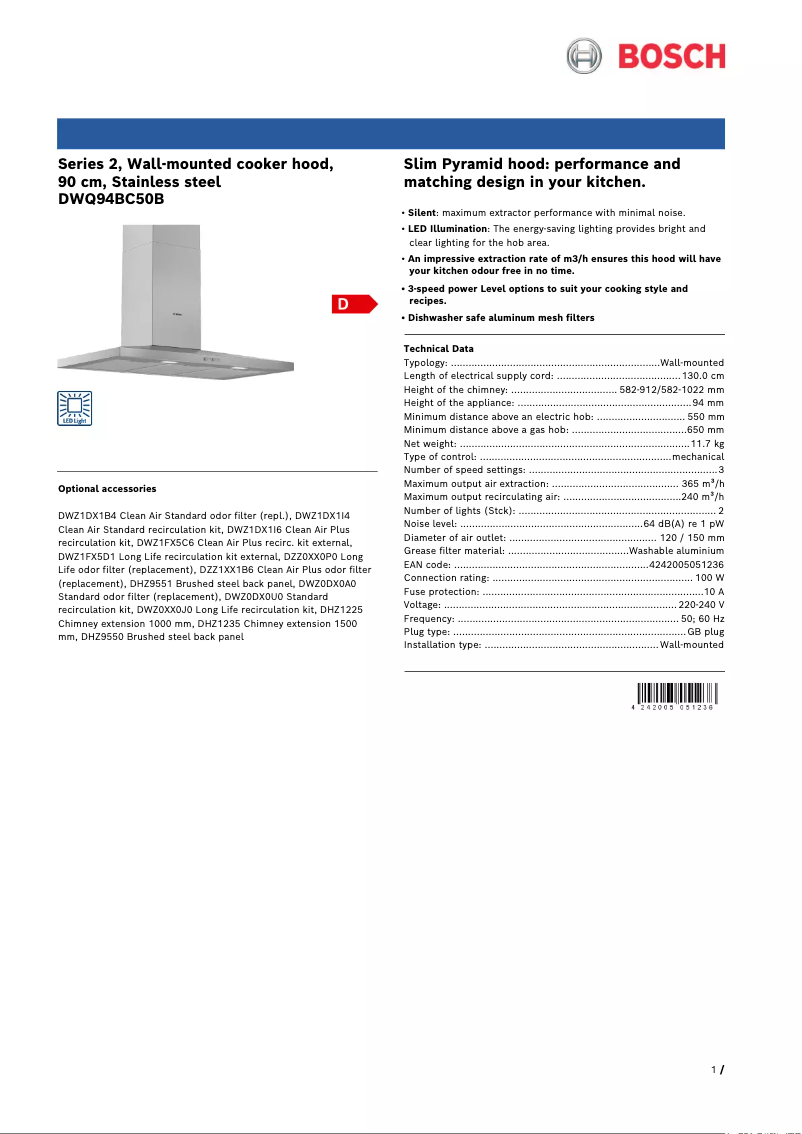 Page 1 de la notice Fiche technique Bosch Serie 2 DWQ94BC50B
