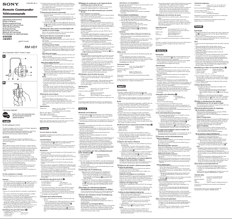 Page 1 de la notice Manuel utilisateur Sony RM-VD1