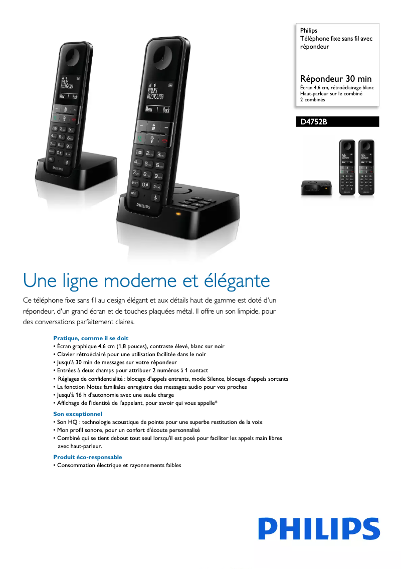 Page 1 of the manual Technical Sheet Philips D475