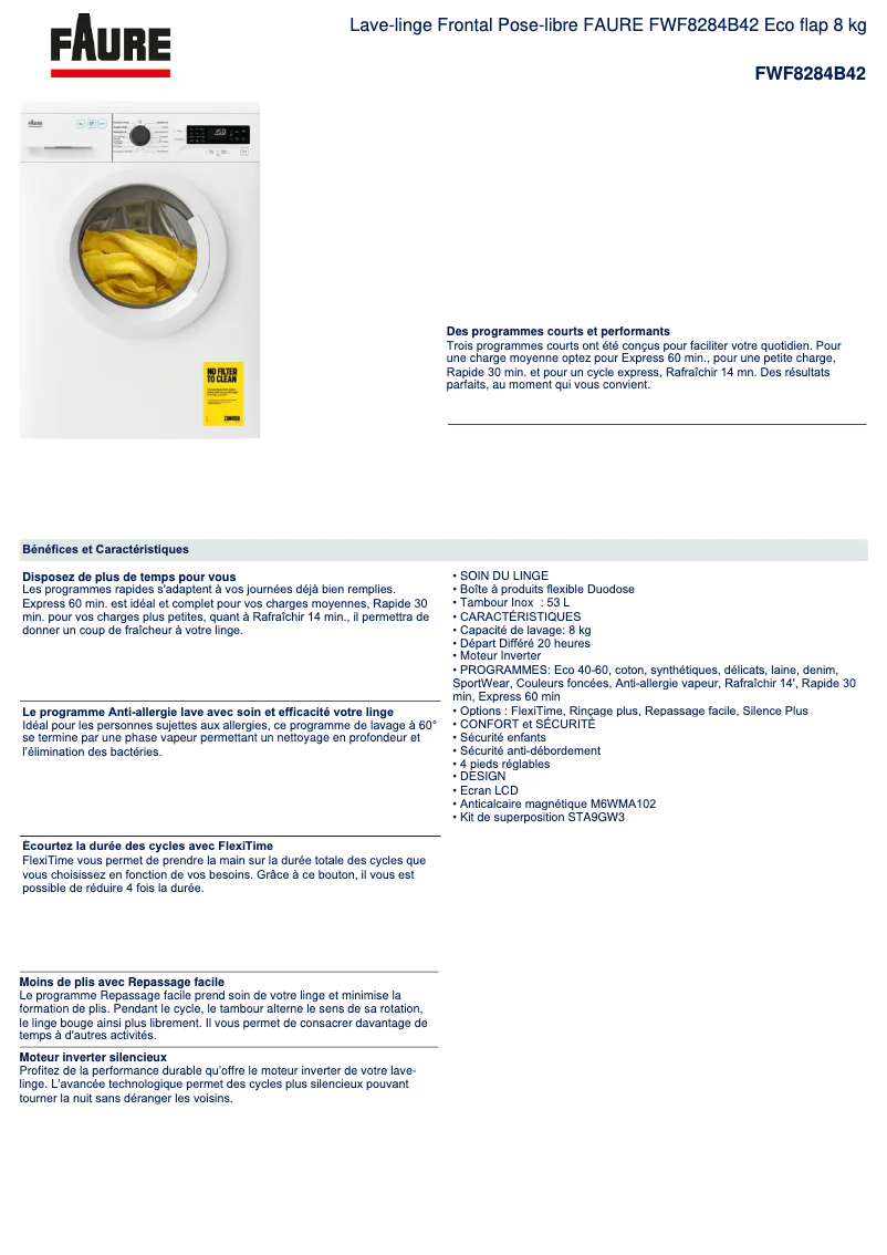 Page 1 de la notice Fiche technique Faure FWF8284B42