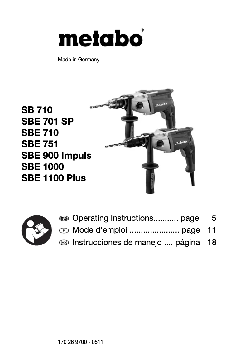 Page 1 de la notice Manuel d'utilisation et d'entretien Metabo SBE 1100 Plus
